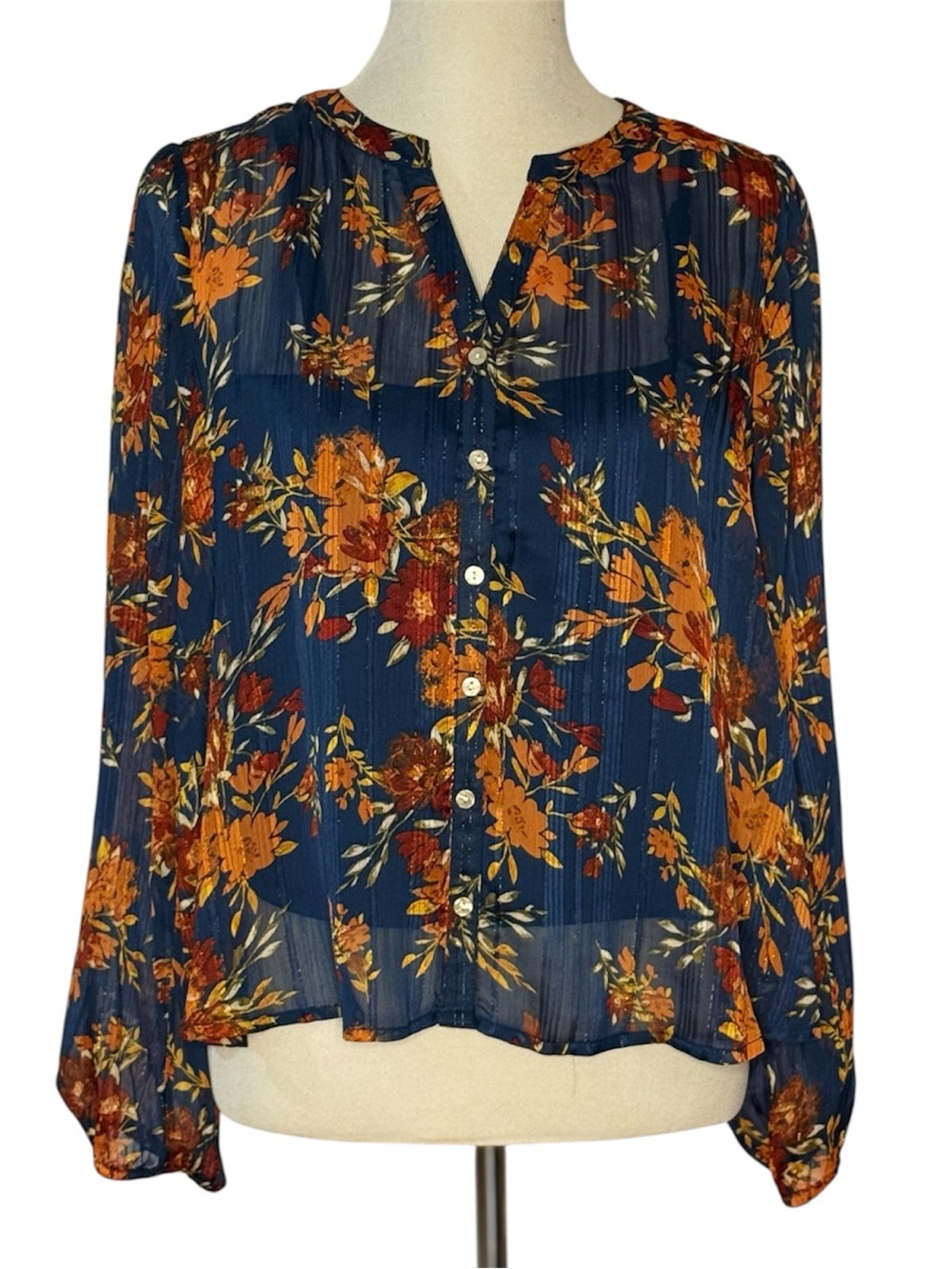 Frye Autumn Floral Lurex Sheer Button Front Blouse Navy Orange Long Sleeve Large